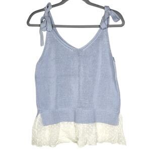 Club Monaco Purple White Knit V-Neck Tank Sheer Mesh Polka Dot Ruffle Hem Medium